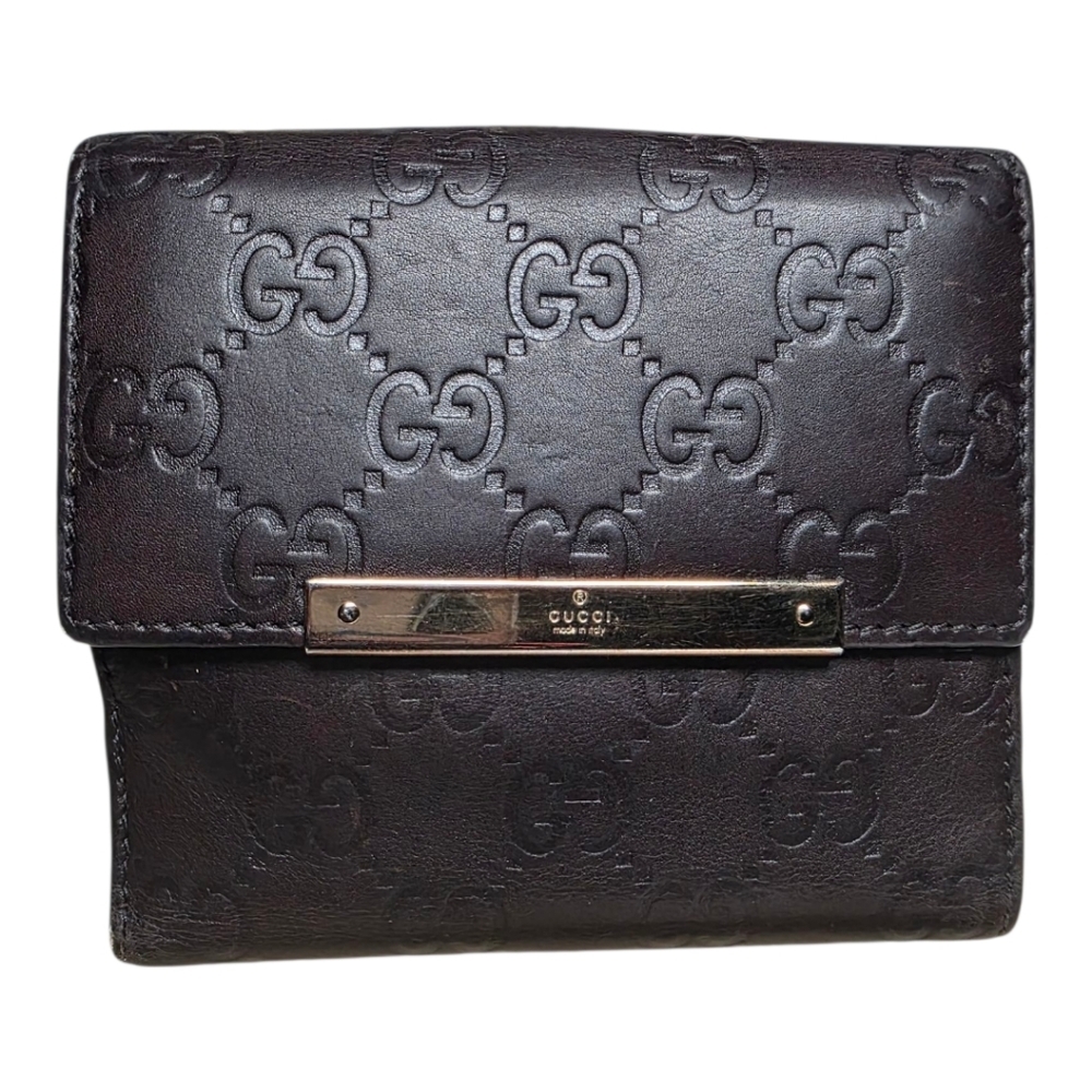 GUCCI GG Emblem Folding Wallet PurseLeather Brown Bifold Gold Tone Hardware